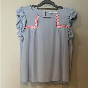Light Blue Ruffled Top with Embroidery